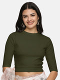 Women Plain Stretchable Elbow Sleeve RIB Blouse U0121 Olive Green
