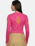 Women Back Printed Stretchable Full Sleeve V Neck RIB Blouse U0189 Rani Pink