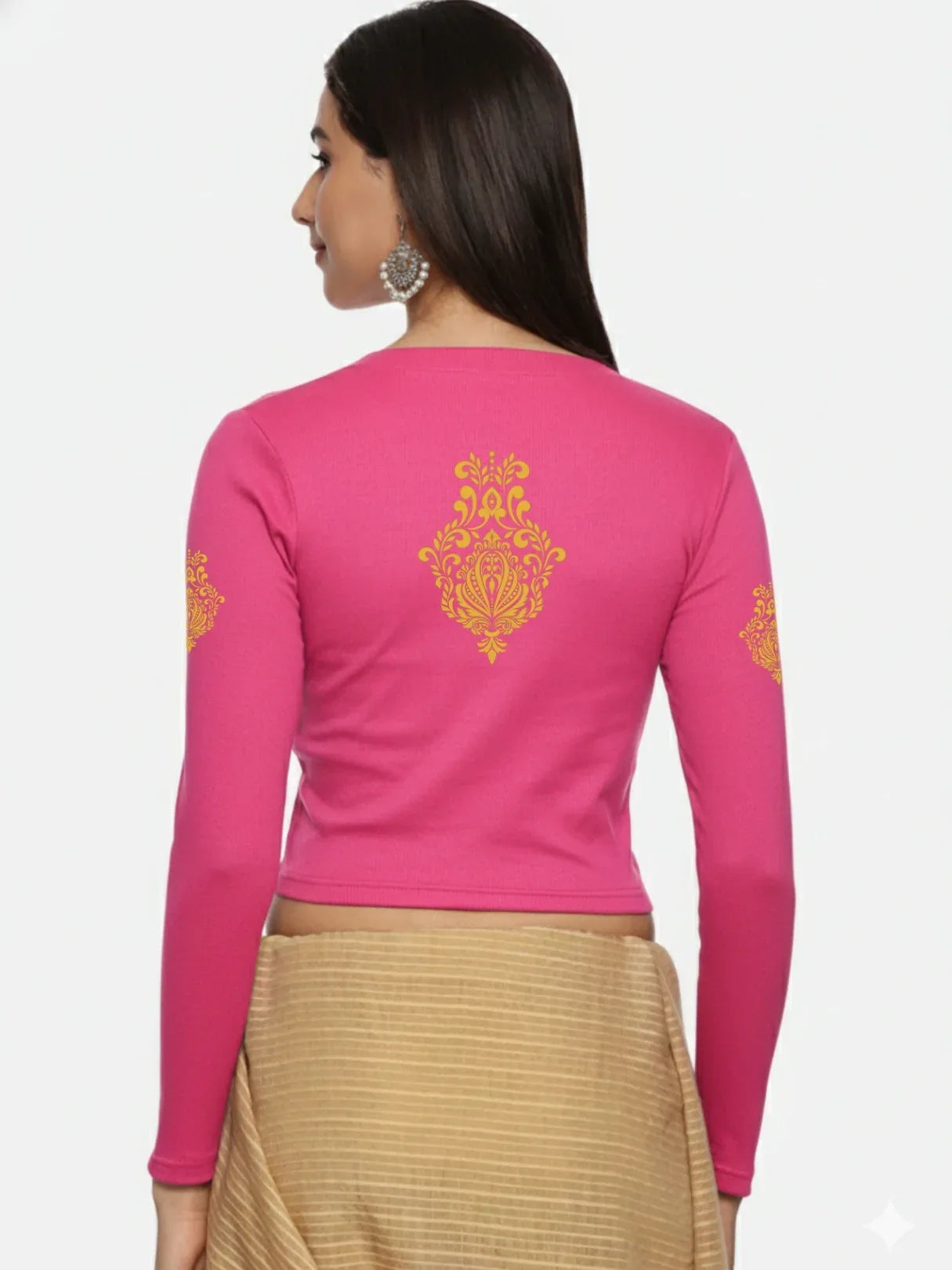 Women Back Printed Stretchable Full Sleeve V Neck RIB Blouse U0189 - notyetbyus