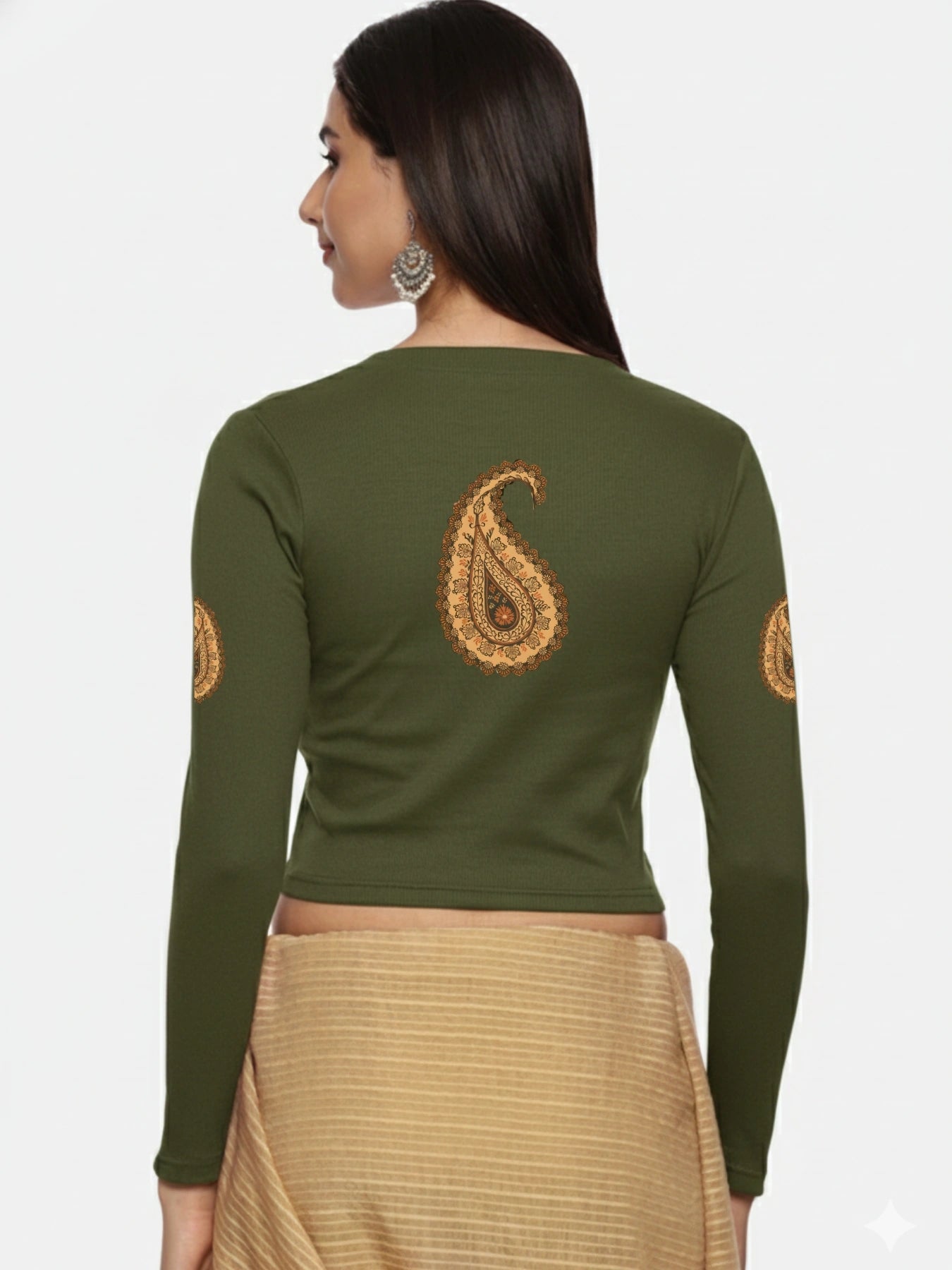 Women Back Printed Stretchable Full Sleeve V Neck RIB Blouse U0186