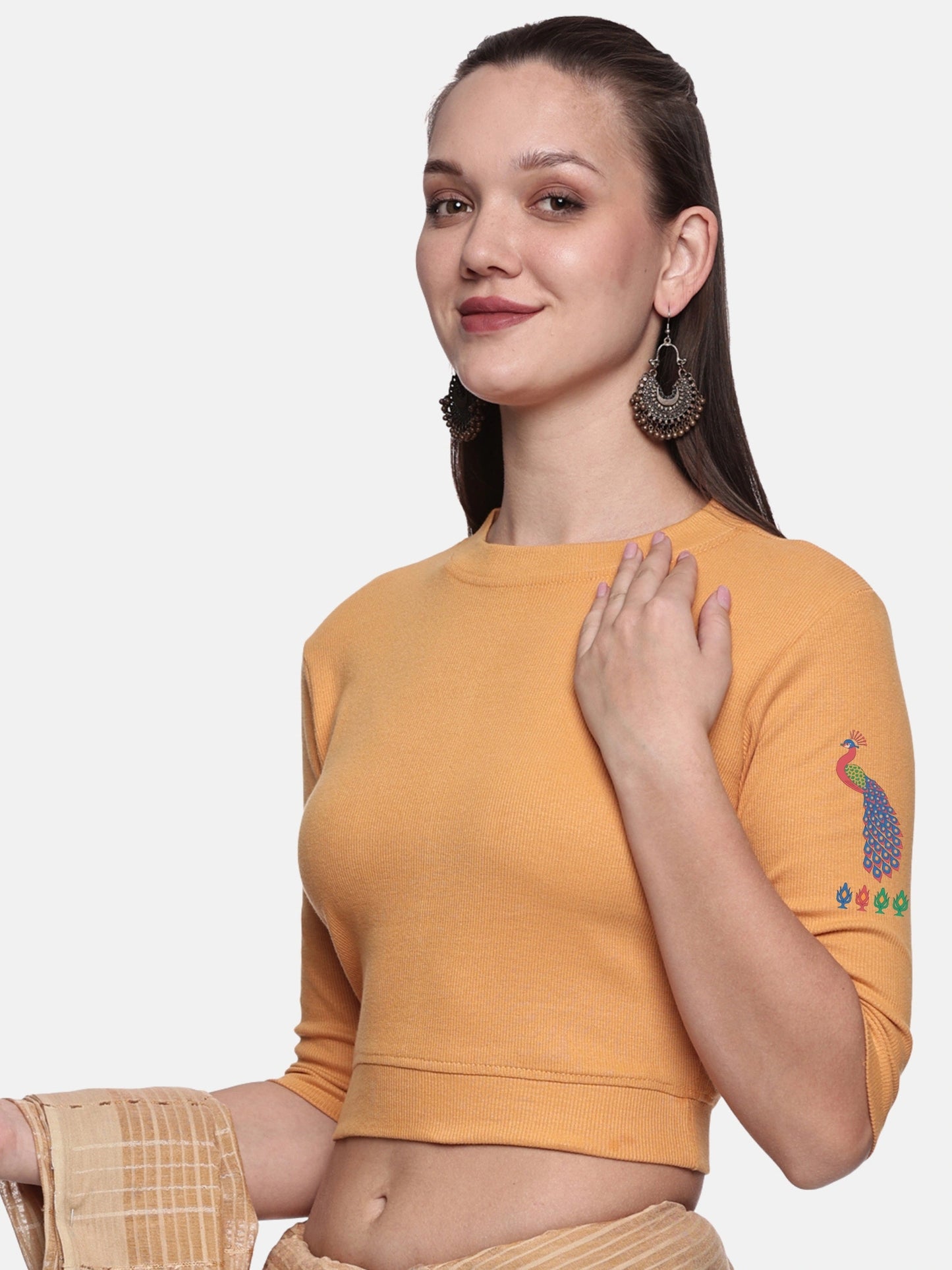 Women Back Printed Stretchable Elbow Sleeve RIB Blouse U0254 Mango