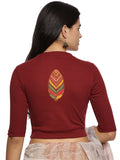 Women Back Printed Stretchable Elbow Sleeve RIB Blouse U0252 Maroon