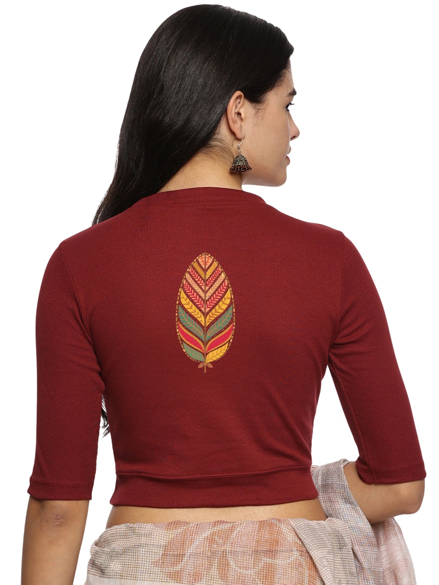 Women Back Printed Stretchable Elbow Sleeve RIB Blouse U0252 Maroon