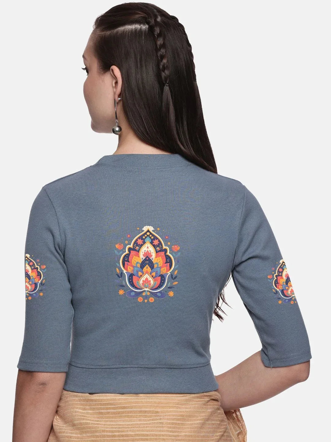 Women Back Printed Stretchable Elbow Sleeve RIB Blouse U0157 - notyetbyus