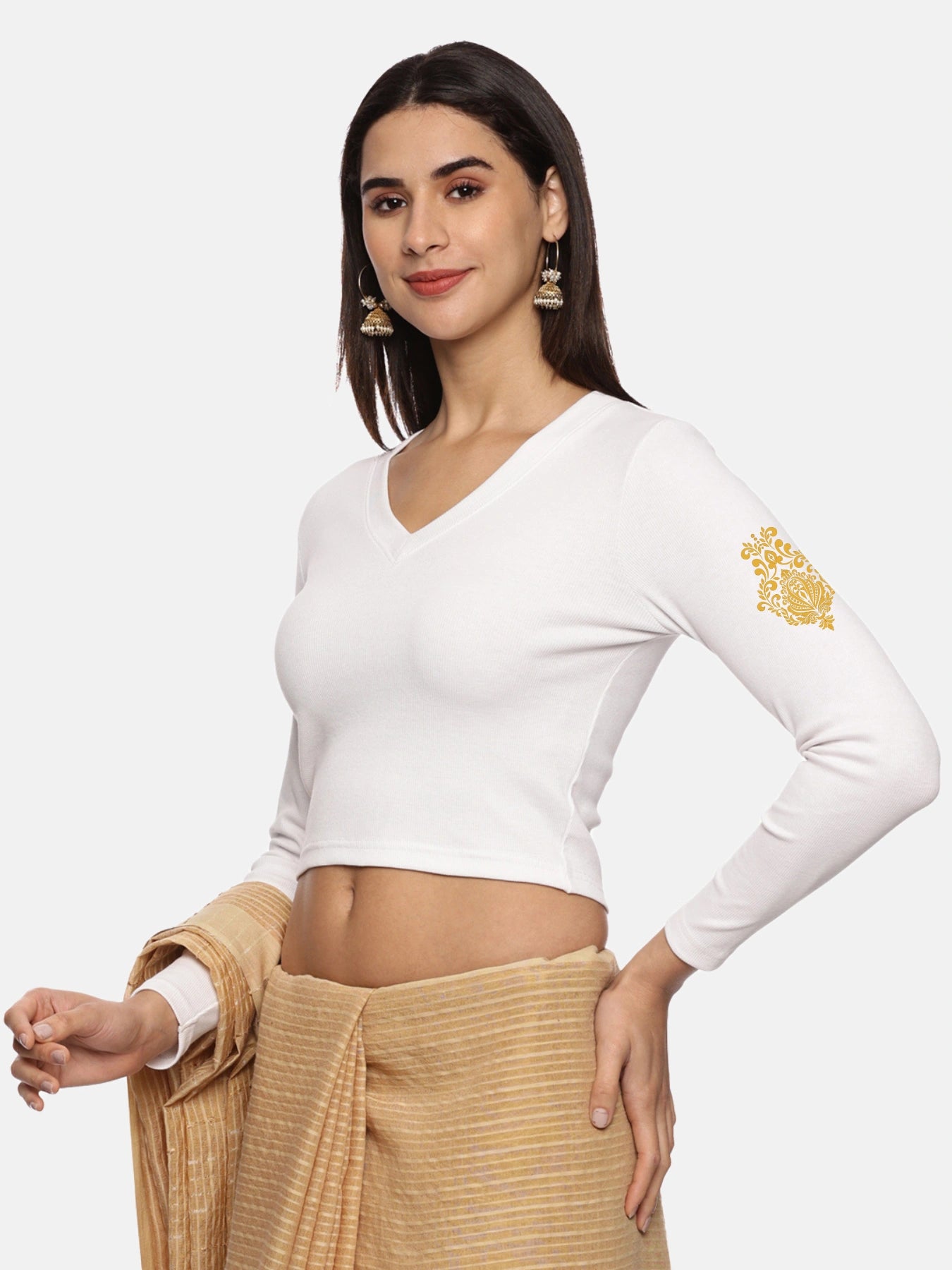 Women Back Printed Stretchable Full Sleeve V Neck RIB Blouse U0189 White