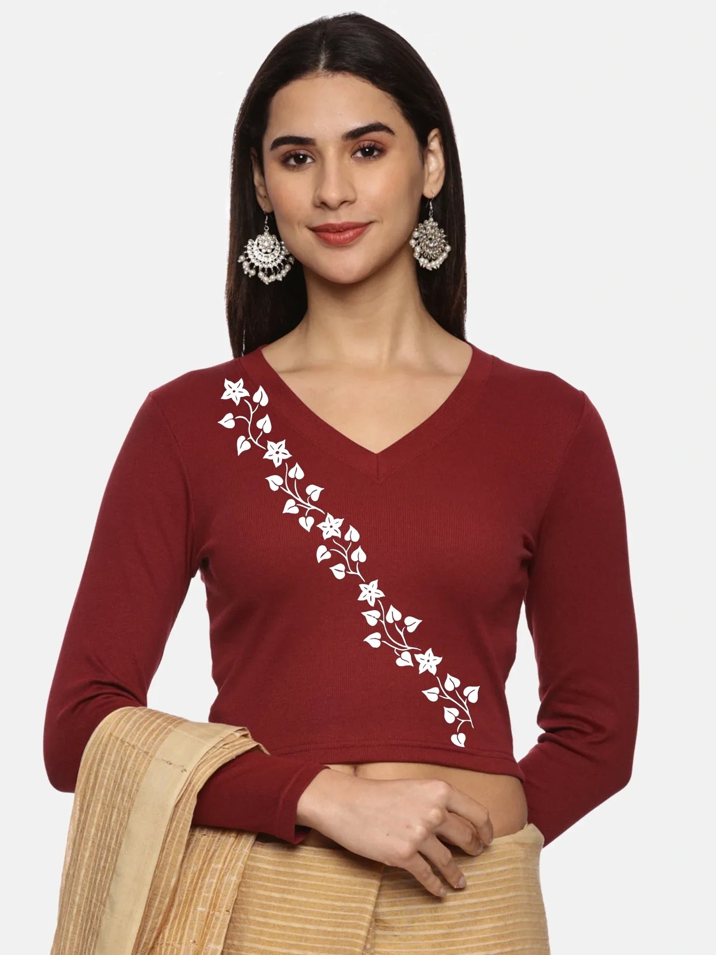 Women Back Printed Stretchable Full Sleeve V Neck RIB Blouse U0219 - notyetbyus