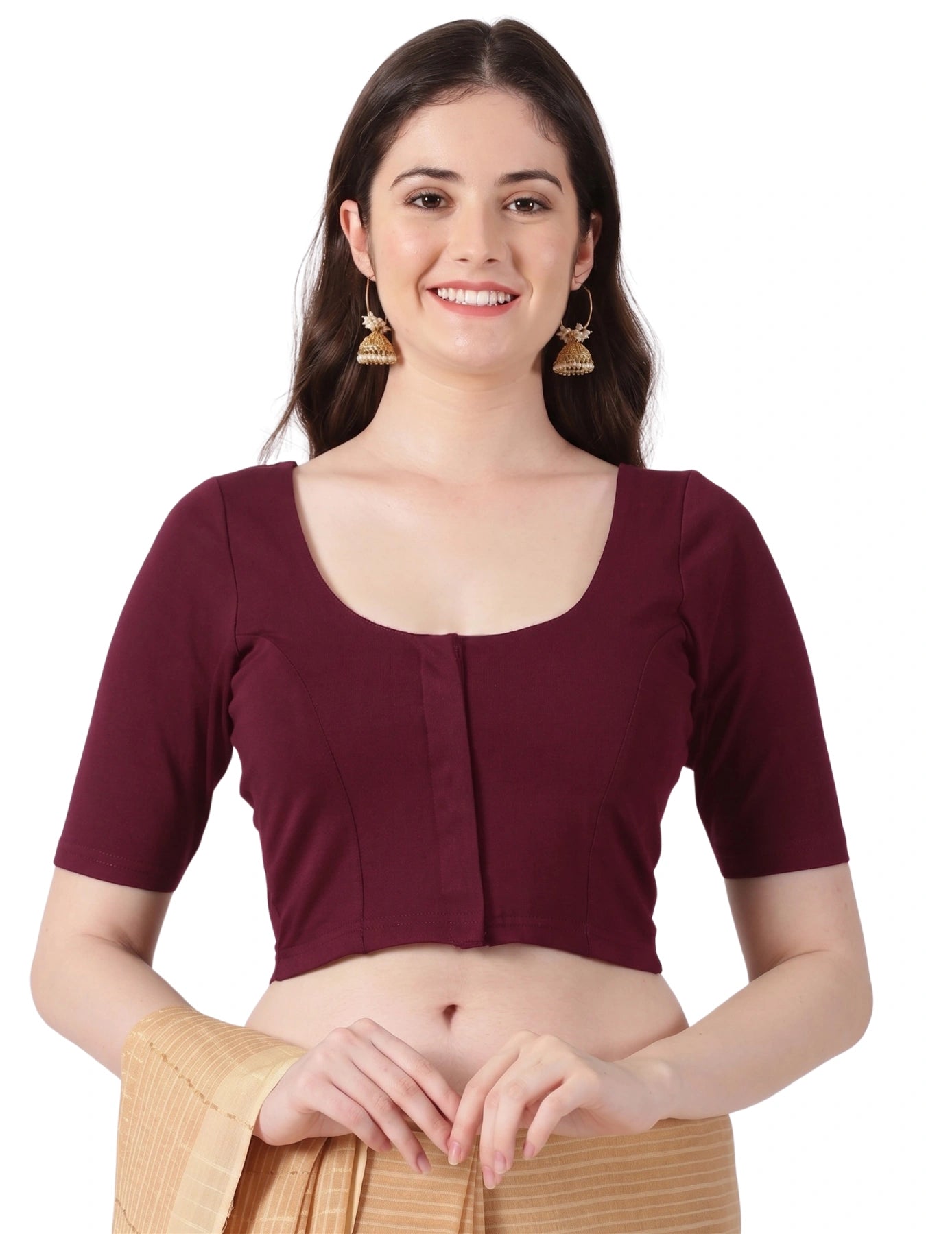 DIY Embroidery Kit with Women Front Open Stretchable Half Sleeve Blouse E02 – Maroon