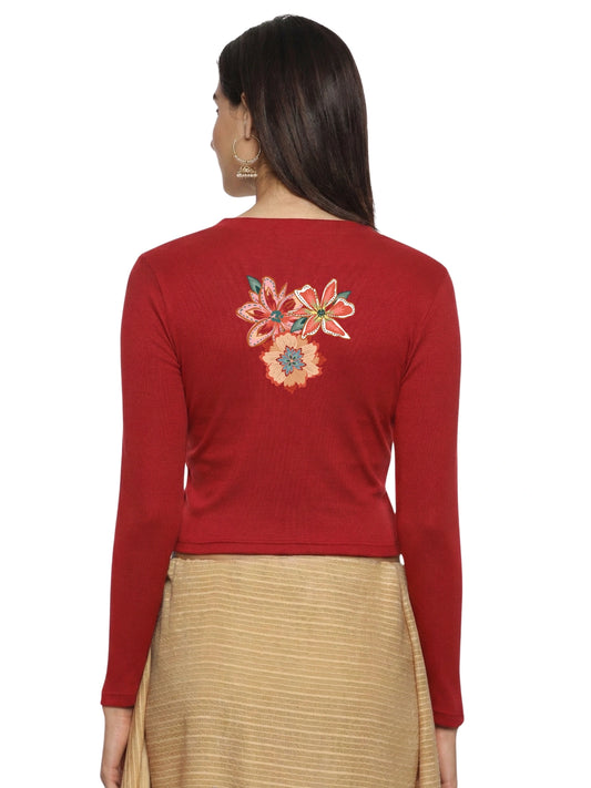 Women Back Printed Stretchable Full Sleeve V Neck RIB Blouse U0214 Red