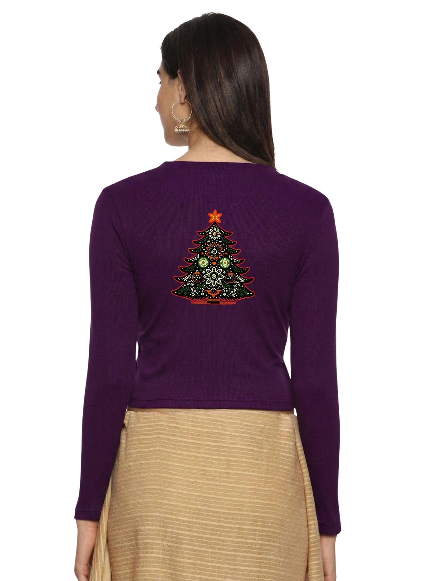 Women Back Printed Stretchable Full Sleeve V Neck RIB Blouse U0192 Violet