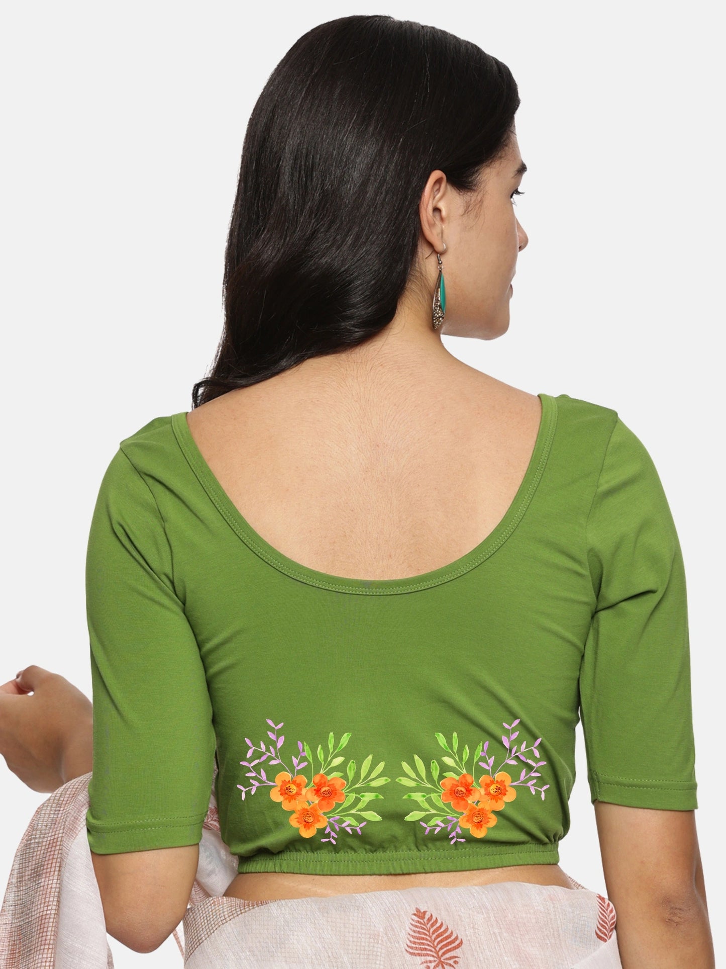 Women Back Printed Stretchable Half Sleeve Blouse U0227 Mehndi Green