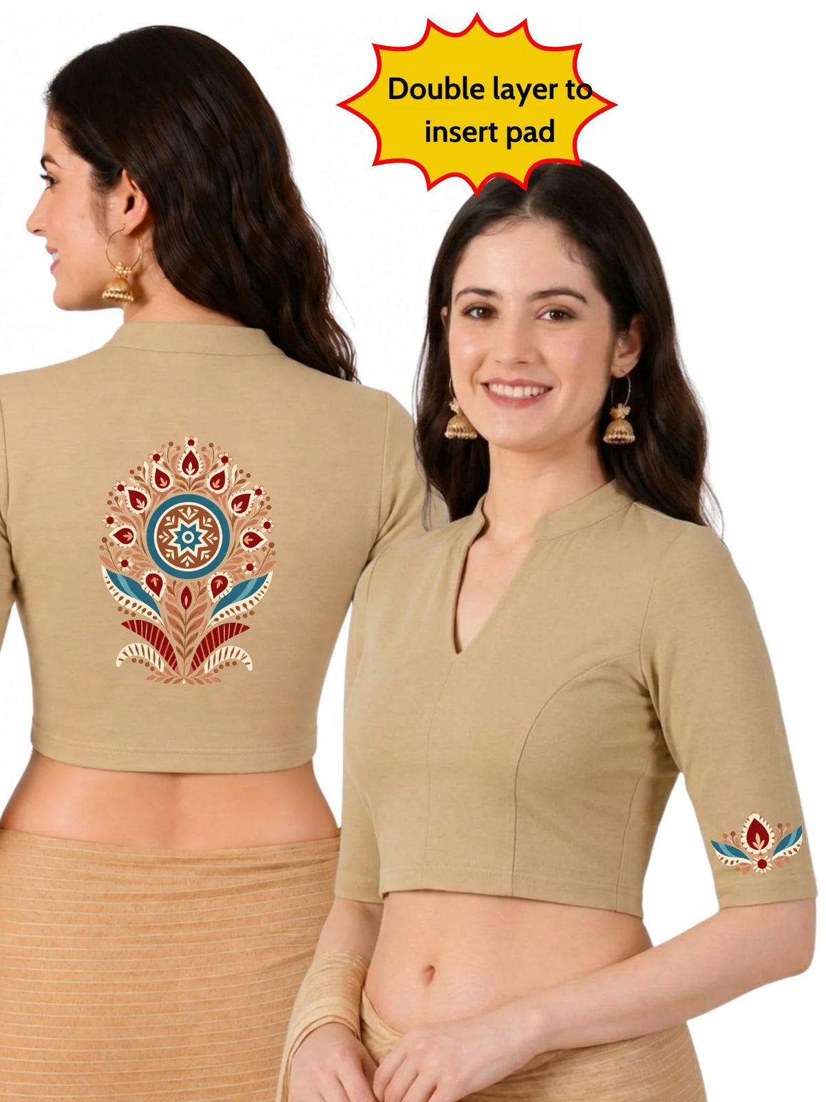 Women Mandarin Collar Back Printed Stretchable Elbow Sleeve Blouse U0280 Beige