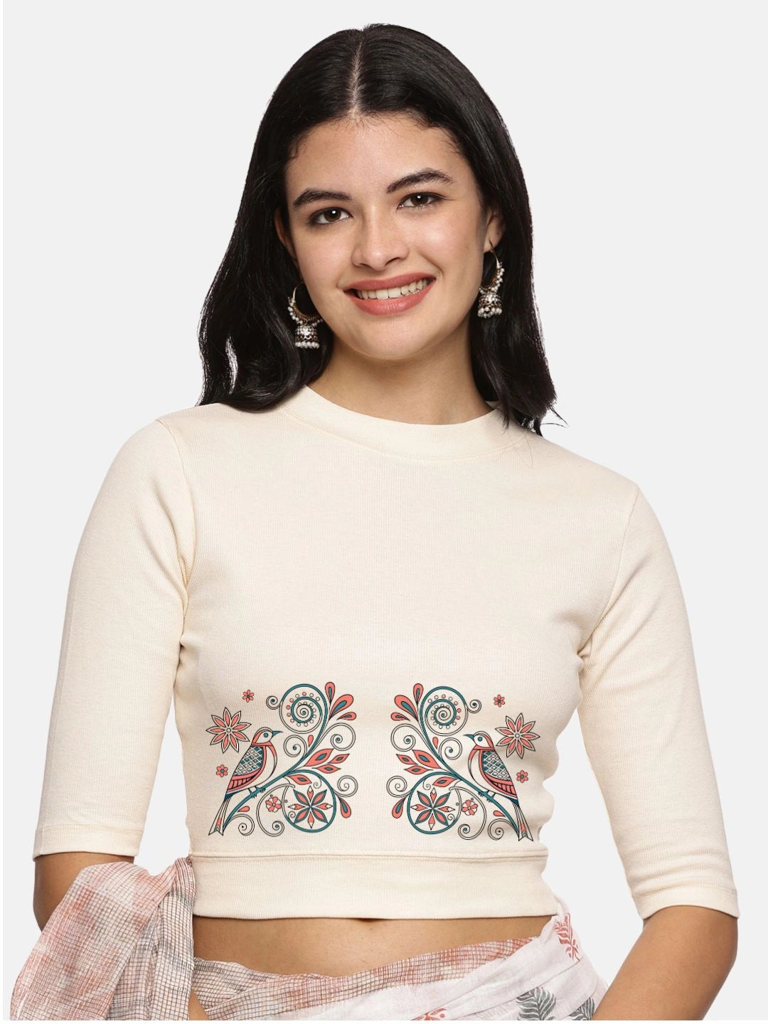 Women Back Printed Stretchable Elbow Sleeve RIB Blouse U0156
