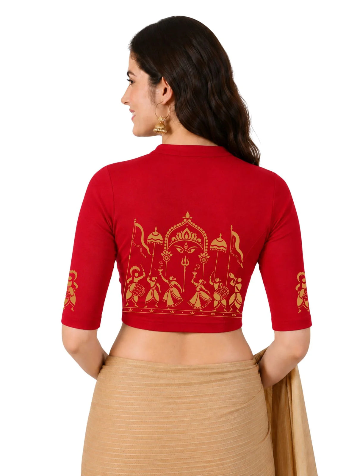 Women Mandarin Collar Back Printed Stretchable Elbow Sleeve Blouse U0272 Red