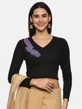 Women Back Printed Stretchable Full Sleeve V Neck RIB Blouse U0217 Black