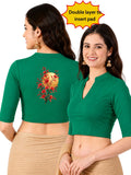 Women Mandarin Collar Back Gold Printed Stretchable Elbow Sleeve Blouse M0278 Emerald Green