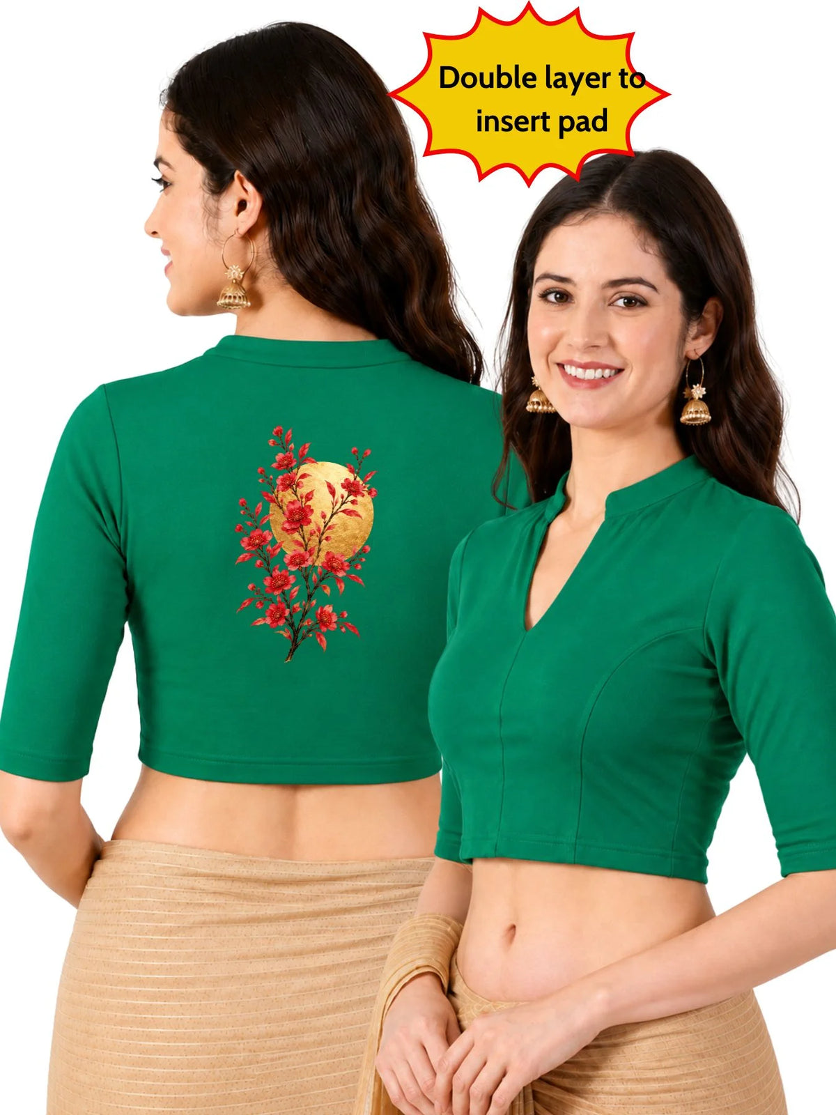 Women Mandarin Collar Back Gold Printed Stretchable Elbow Sleeve Blouse M0278 Emerald Green