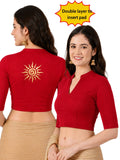 Women Mandarin Collar Back Gold Printed Stretchable Elbow Sleeve Blouse M0282 Red