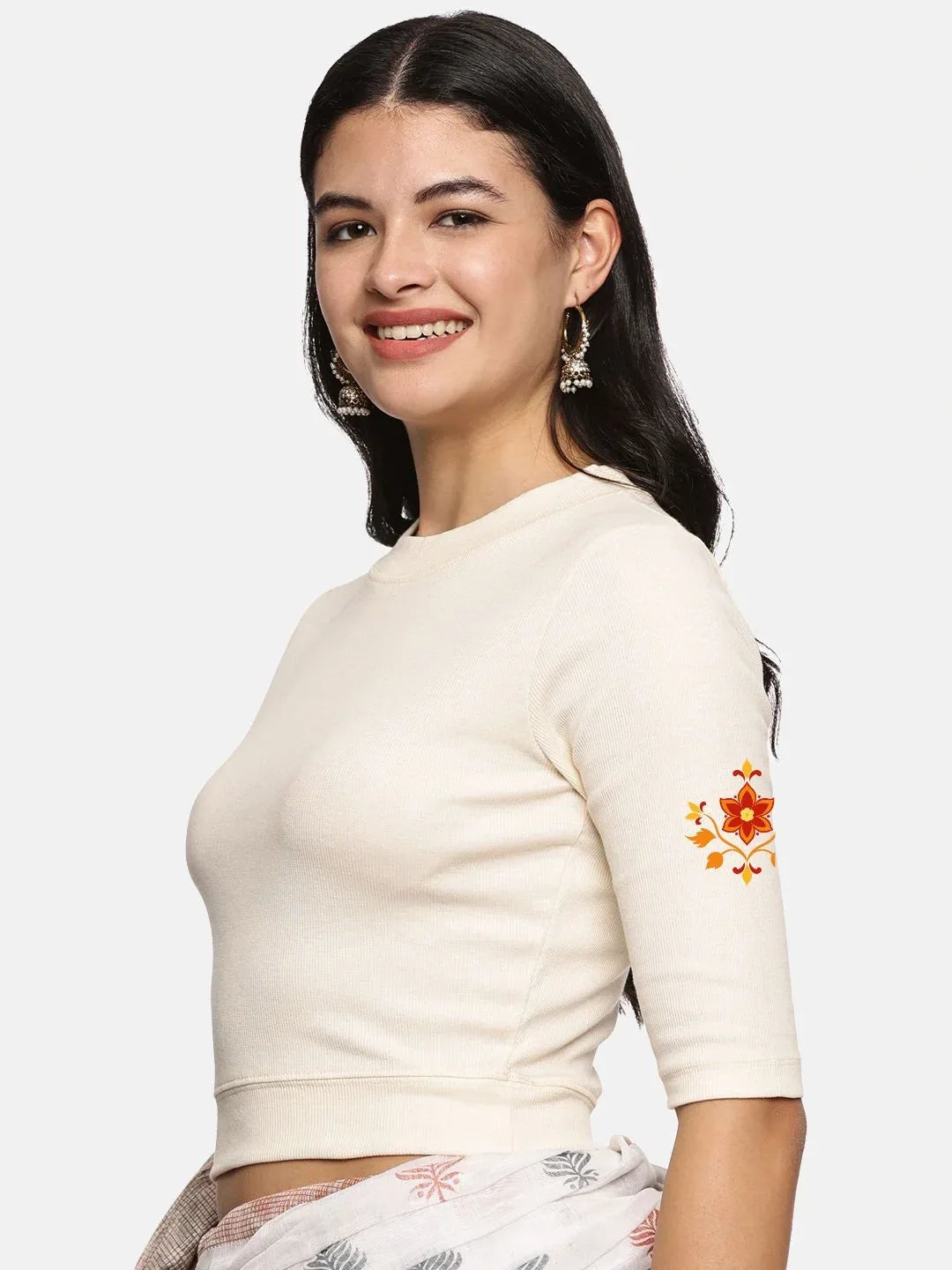 Women Back Printed Stretchable Elbow Sleeve RIB Blouse U0158 - notyetbyus