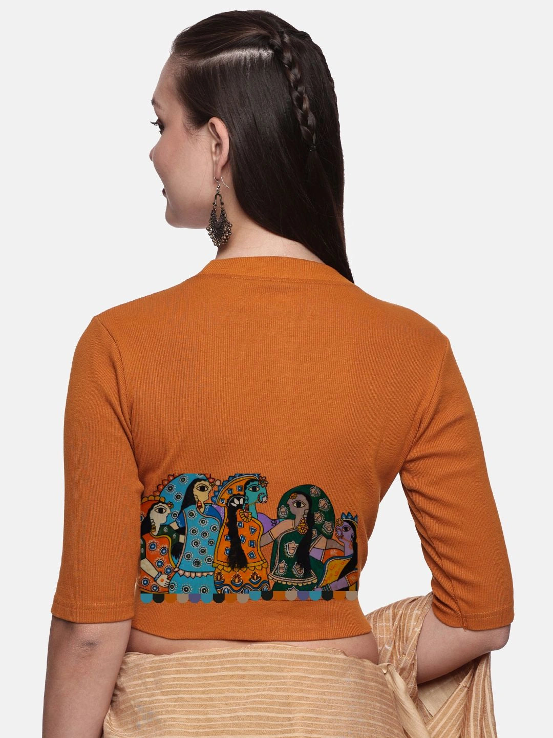 Women Back Printed Stretchable Elbow Sleeve RIB Blouse U0160