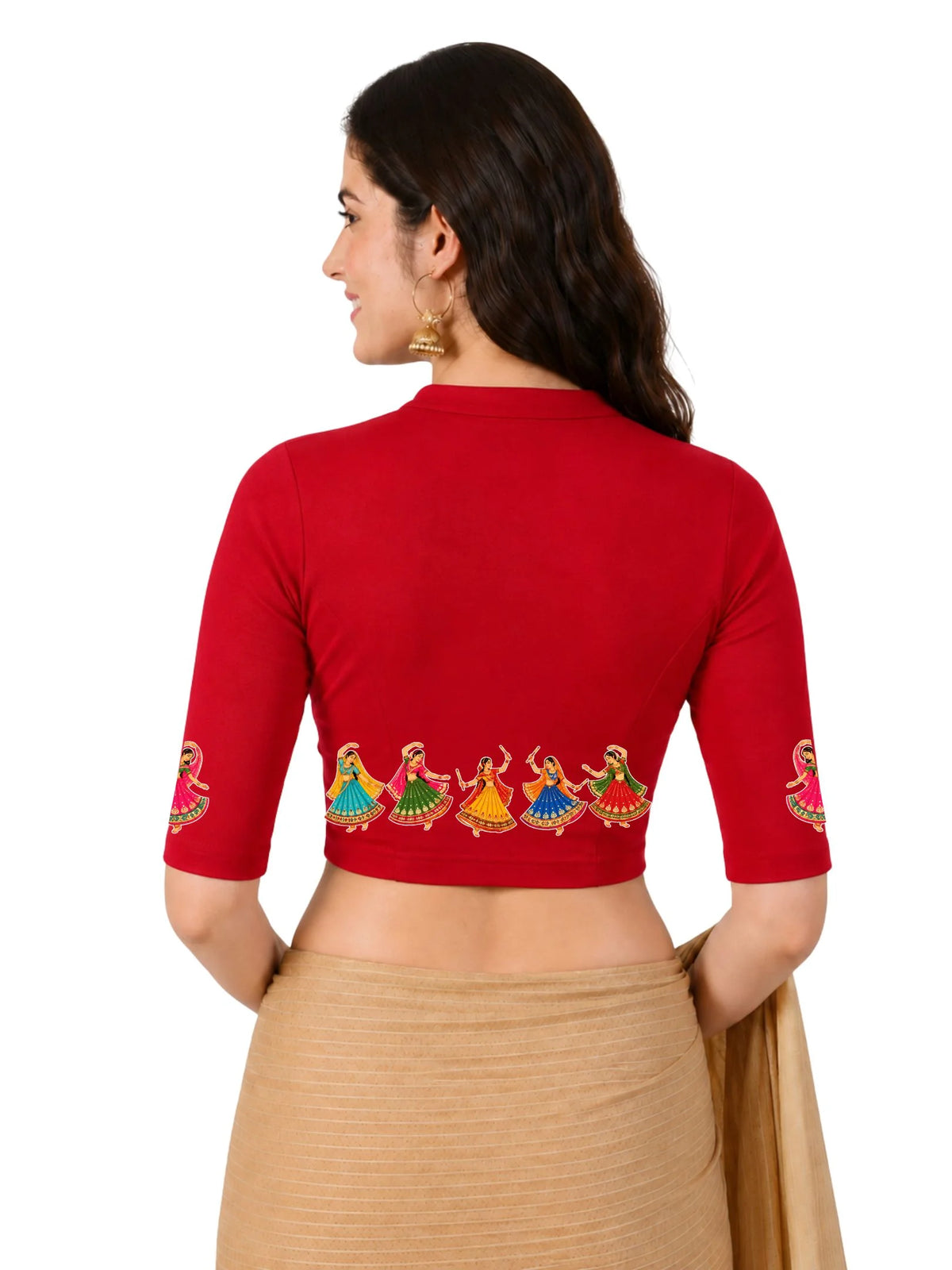 Women Mandarin Collar Back Printed Stretchable Elbow Sleeve Blouse U0281 Red