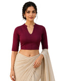 Women Mandrin Collar Plain Stretchable Elbow Sleeve Blouse U0271 Maroon