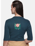 Women Back Printed Stretchable Elbow Sleeve RIB Blouse U0155 Teal Green