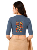 Women Mandarin Collar Back Printed Stretchable Elbow Sleeve Blouse U0270 Elephant Grey