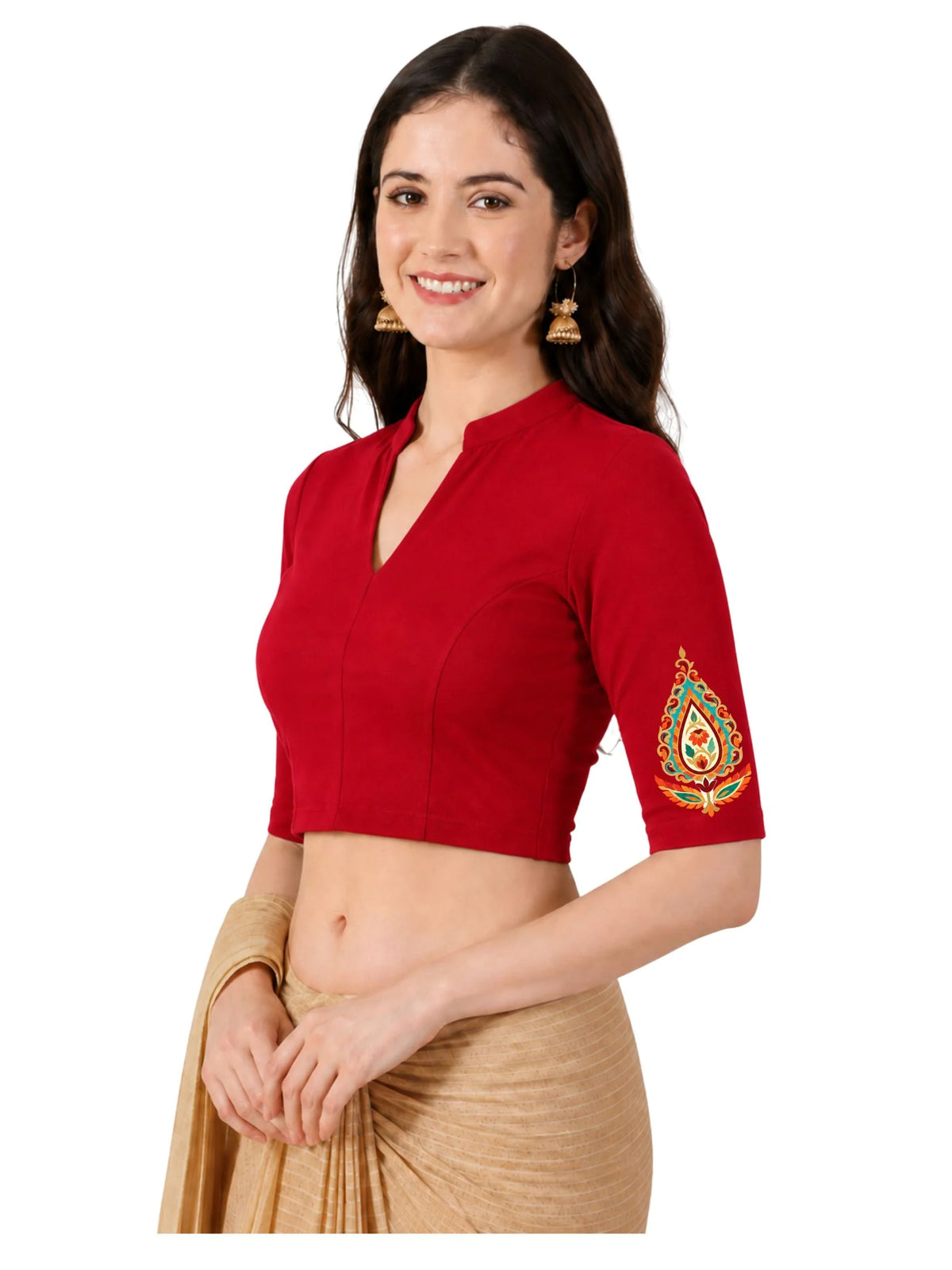 Women Mandarin Collar Back Printed Stretchable Elbow Sleeve Blouse U0279 Red
