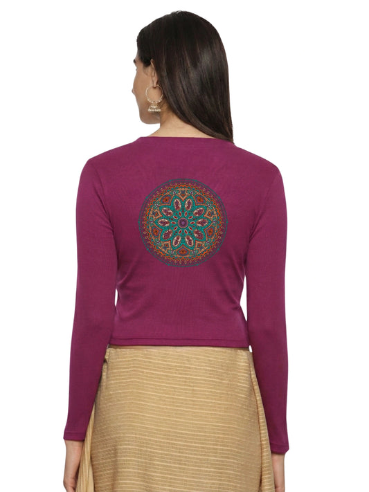 Women Back Printed Stretchable Full Sleeve V Neck RIB Blouse U0188 Wine Pink