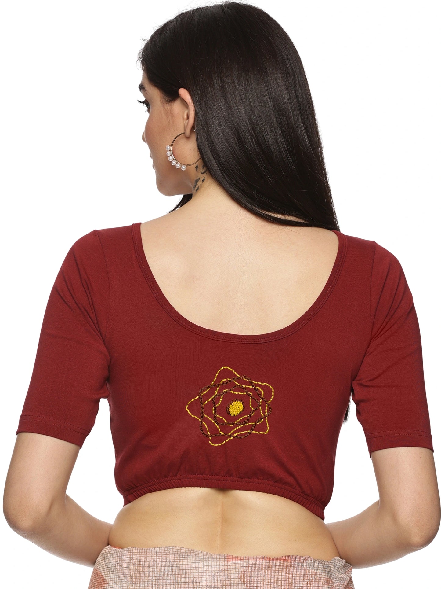 DIY Embroidery Kit with Women Stretchable Half Sleeve Blouse E02 – Maroon