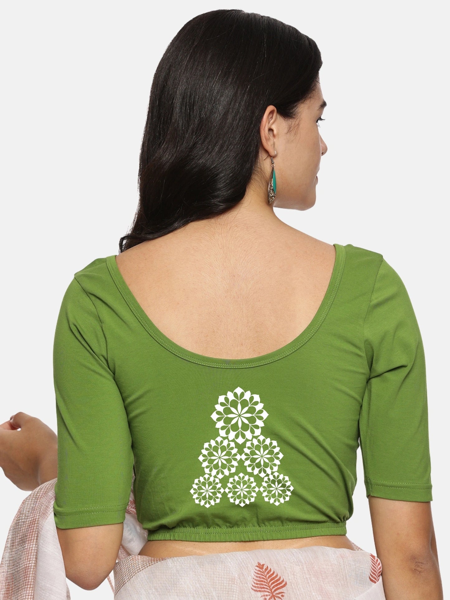 Women Back Printed Stretchable Half Sleeve Blouse U0224 Mehndi Green