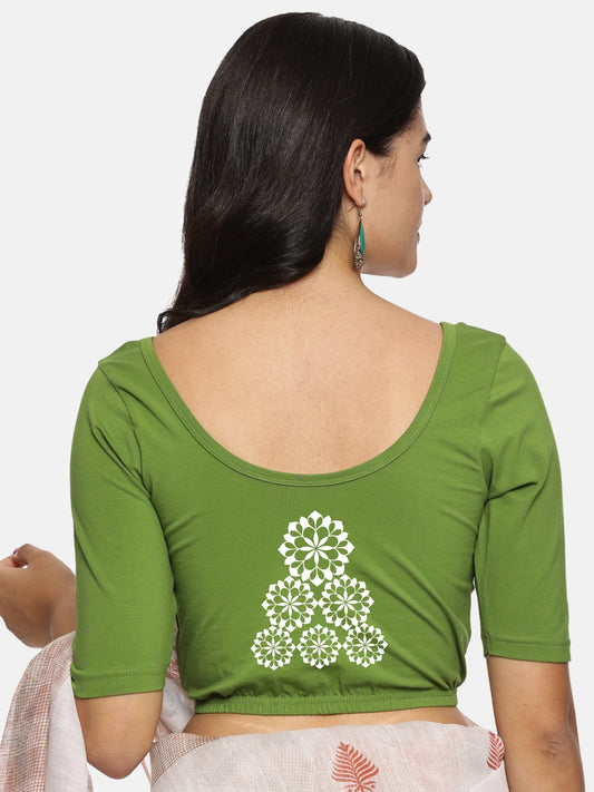 Women Back Printed Stretchable Half Sleeve Blouse U0224 Mehndi Green