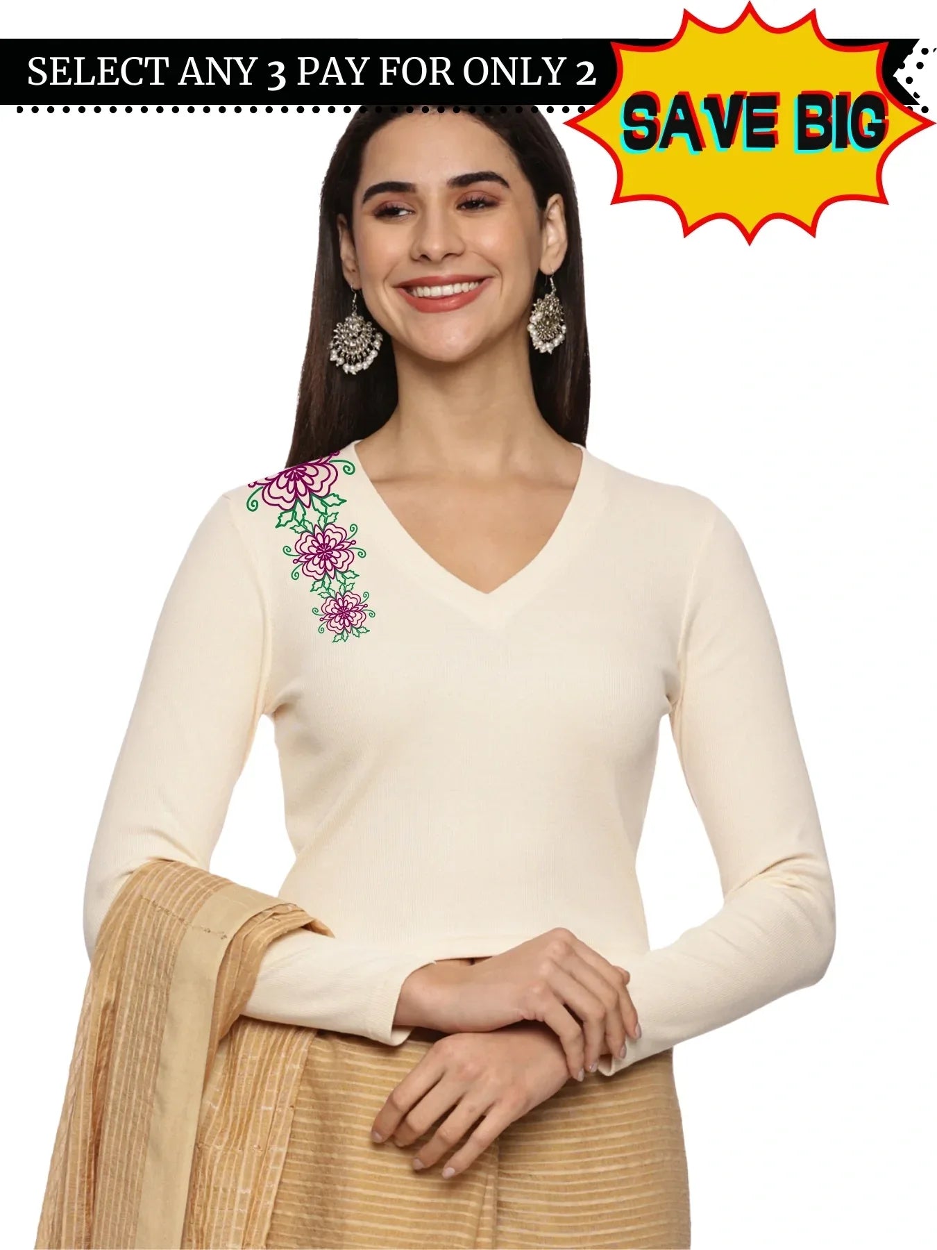 Women Back Printed Stretchable Full Sleeve V Neck RIB Blouse U0212 - notyetbyus