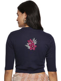 Women Back Printed Stretchable Elbow Sleeve RIB Blouse U0253 Navy