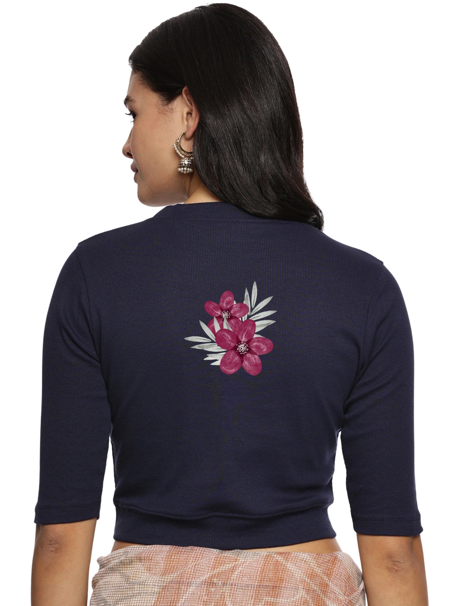 Women Back Printed Stretchable Elbow Sleeve RIB Blouse U0253 Navy