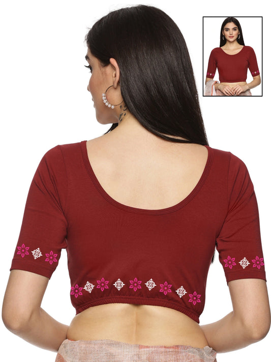 Women Back Printed Stretchable Half Sleeve Blouse U087 Maroon