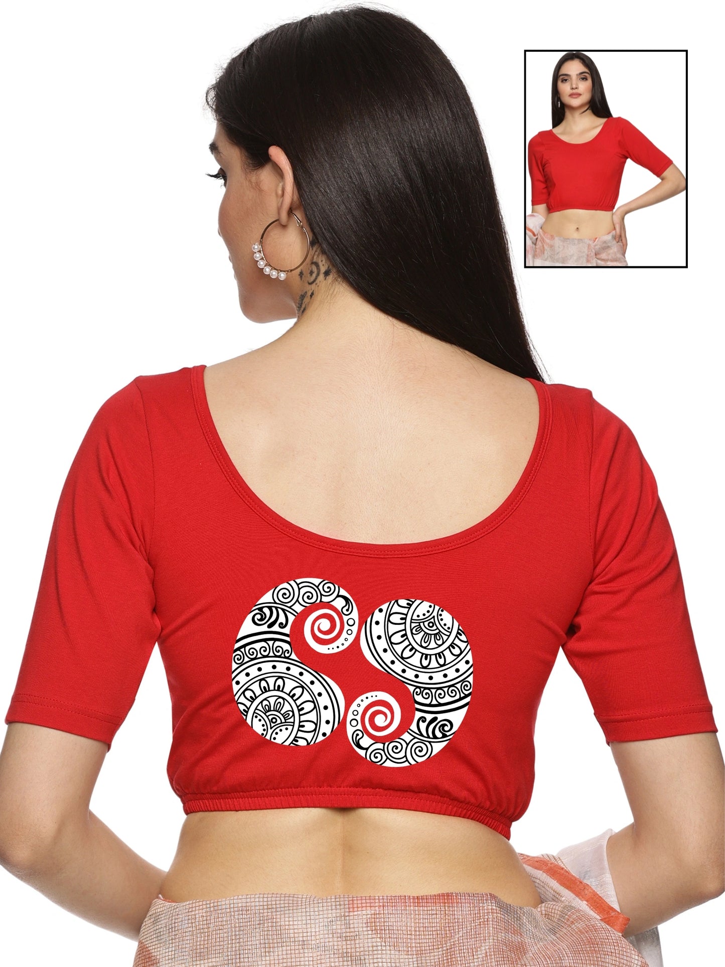 Women Back Printed Stretchable  Half Sleeve Blouse U021 Red