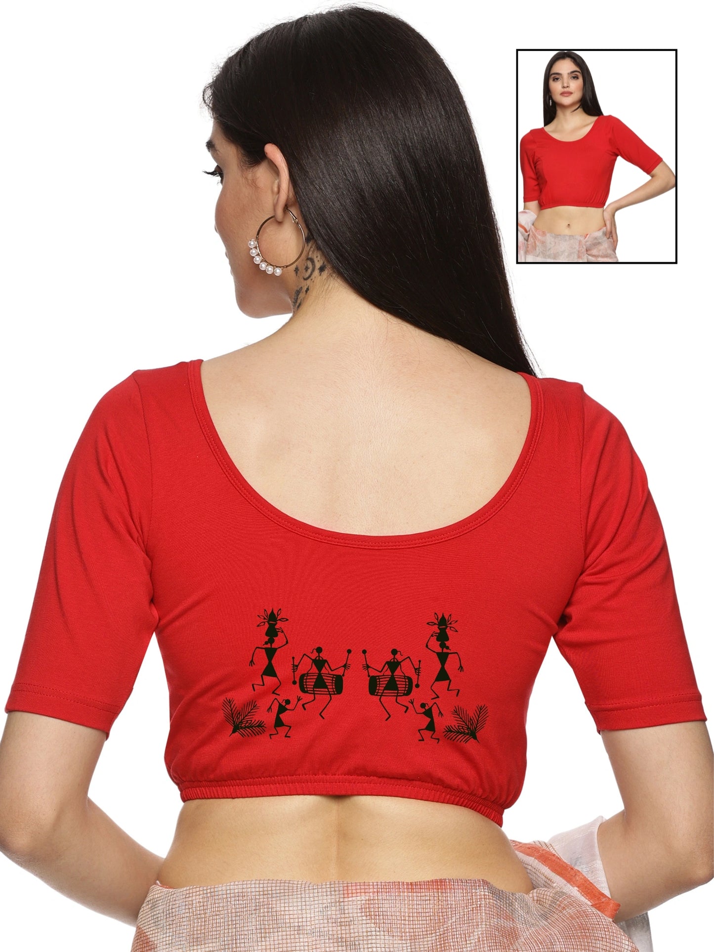 Women Back Printed Stretchable Half Sleeve Blouse U027 Red