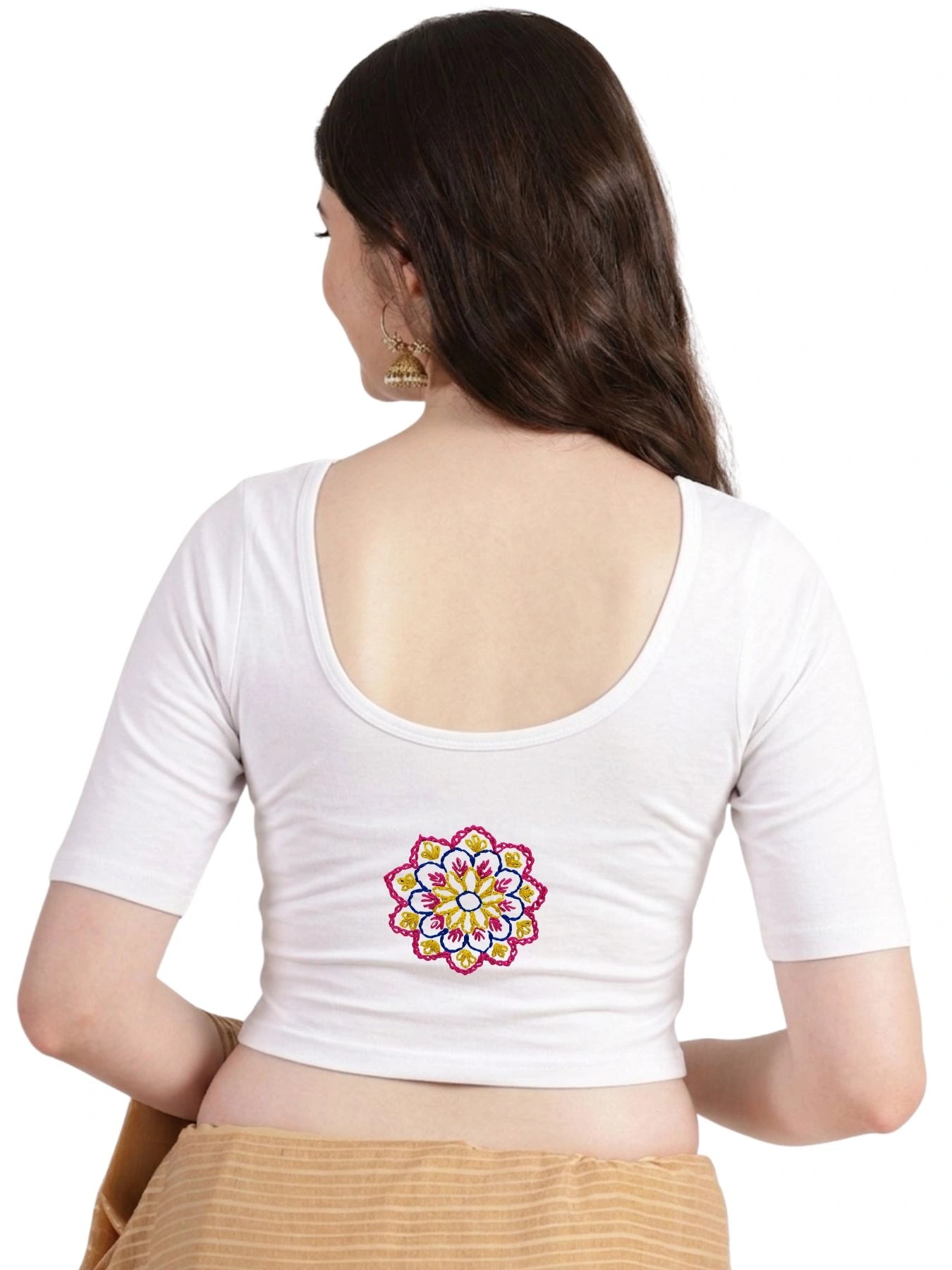 DIY Embroidery Kit with Women Front Open Stretchable Half Sleeve Blouse E08 – White