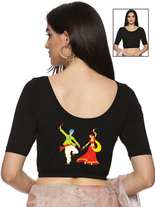 Women Back Printed Stretchable Half Sleeve Blouse U031 Black