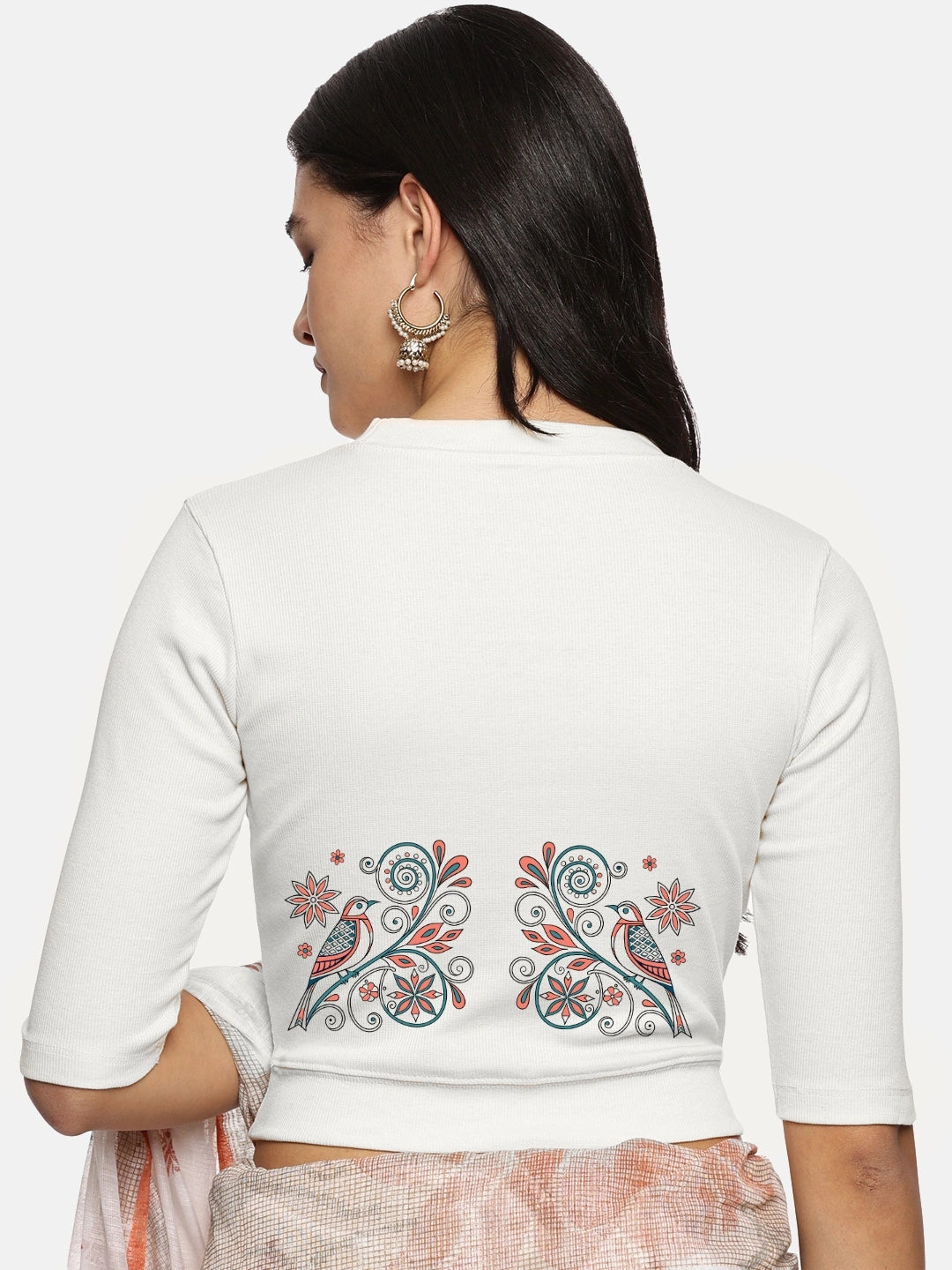 Women Back Printed Stretchable Elbow Sleeve RIB Blouse U0156 - notyetbyus