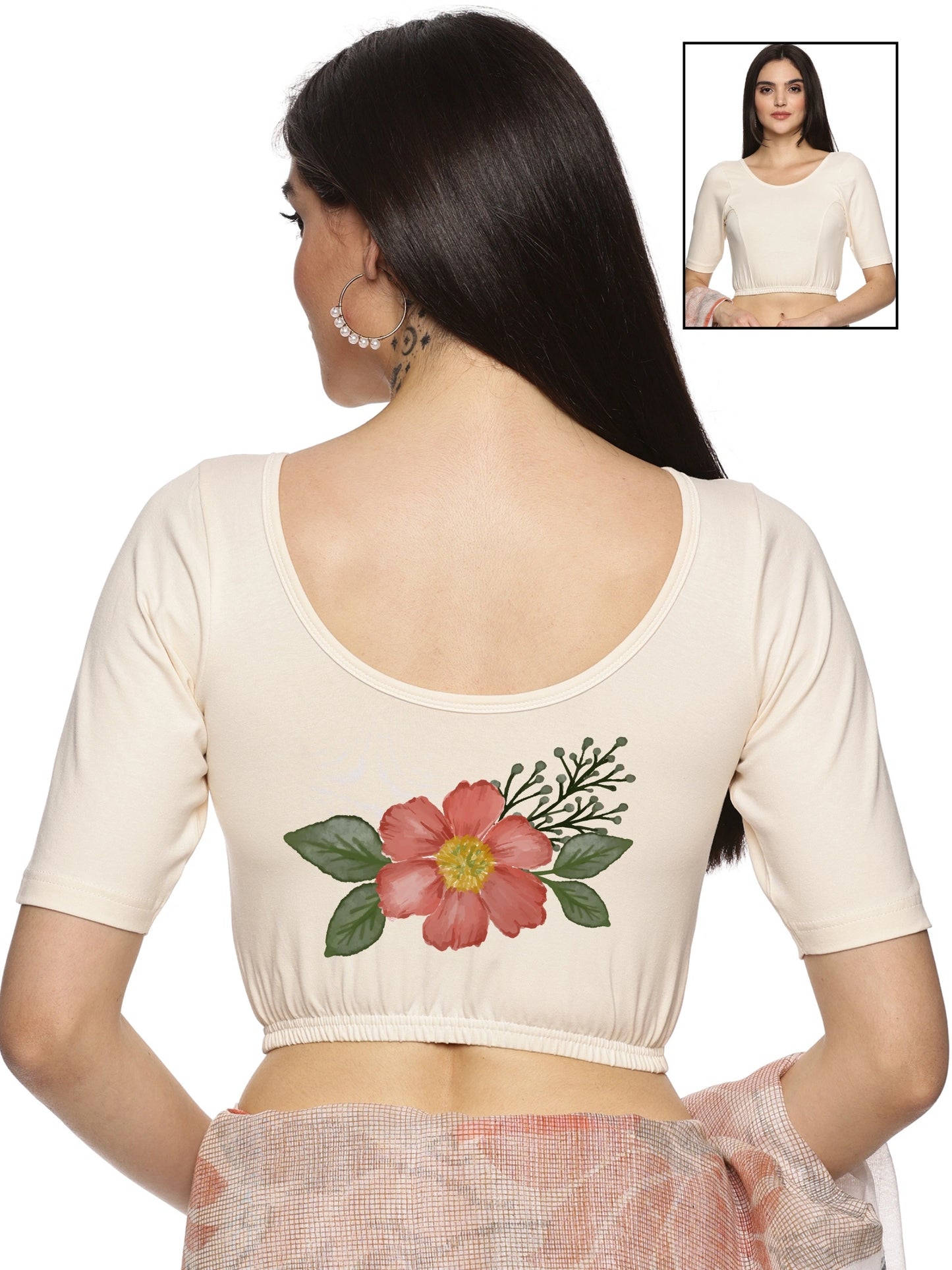 Women Back Printed Stretchable Half Sleeve Blouse U073 Cream