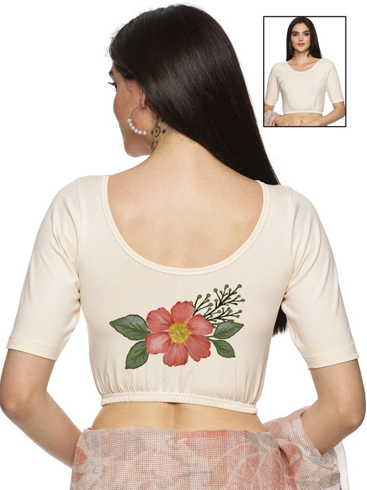 Women Back Printed Stretchable Half Sleeve Blouse U073 Cream