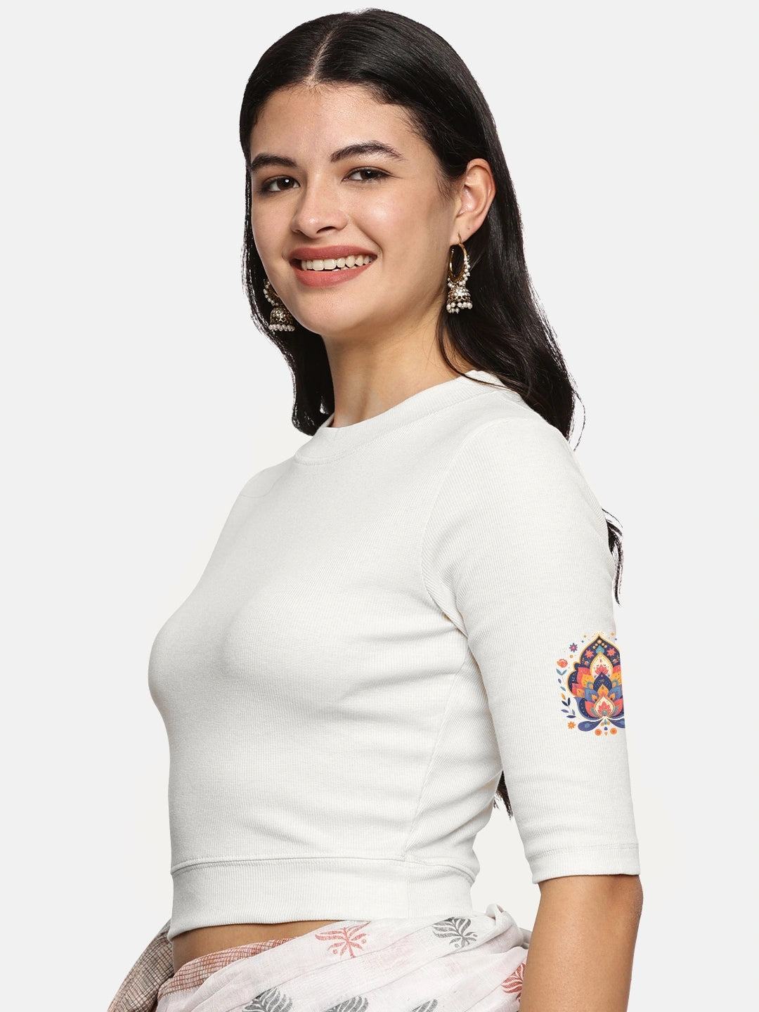 Women Back Printed Stretchable Elbow Sleeve RIB Blouse U0157 - notyetbyus