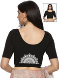 Women Back Printed Stretchable Half Sleeve Blouse U022 Black