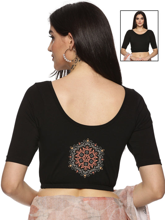 Women Back Printed Stretchable  Half Sleeve Blouse U026 Black