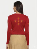 Women Back Printed Stretchable Full Sleeve V Neck RIB Blouse U0215 Red
