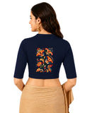 Women Mandarin Collar Back Printed Stretchable Elbow Sleeve Blouse U0270 Navy