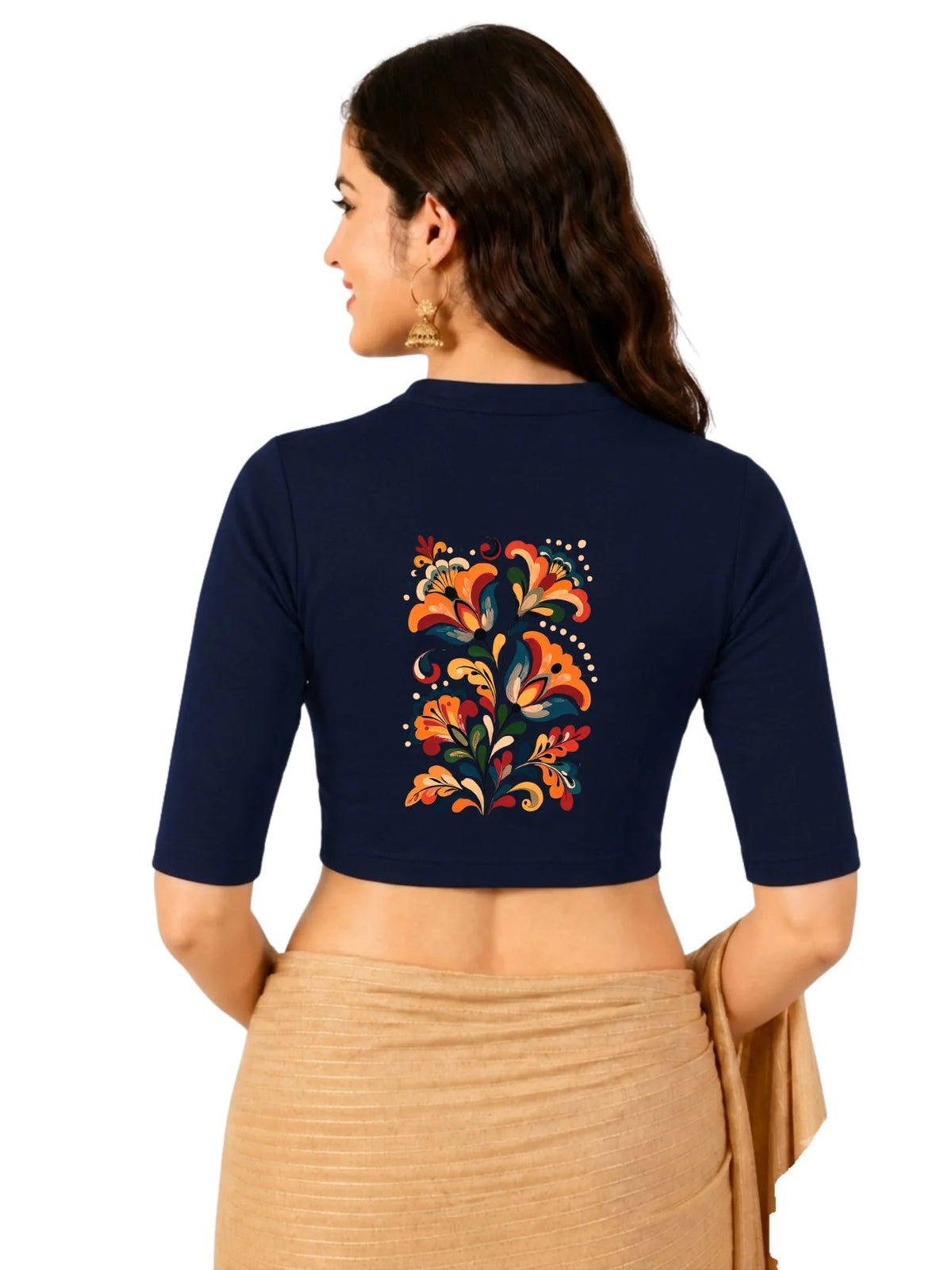 Women Mandarin Collar Back Printed Stretchable Elbow Sleeve Blouse U0270 Navy