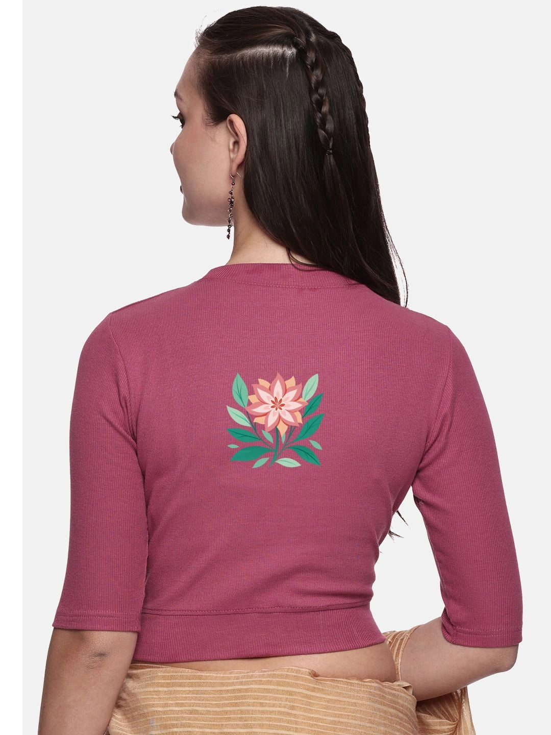 Women Back Printed Stretchable Elbow Sleeve RIB Blouse U0155